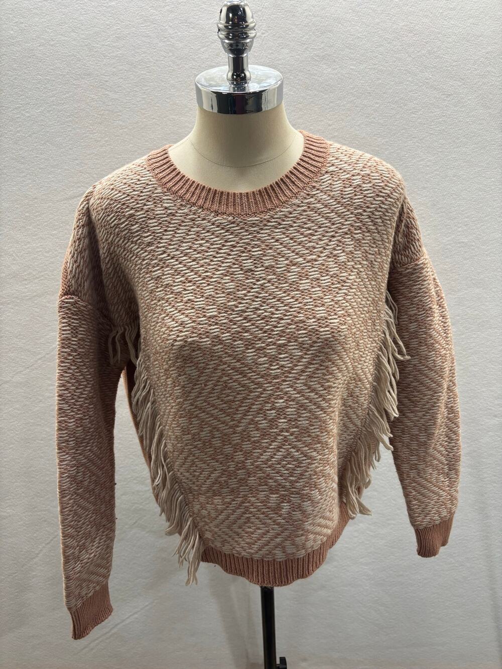 Madewell Reverse Diamond Woman's M Pullover Sweater Blush Pink Fringe Knit C6